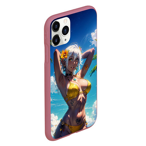 Чехол iPhone 11 Pro матовый Девушка в желтом купальнике / 3D-Малиновый – фото 2