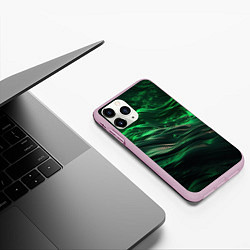 Чехол iPhone 11 Pro матовый Зеленые абстрактные волны, цвет: 3D-розовый — фото 2