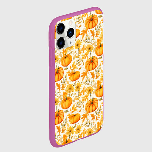 Чехол iPhone 11 Pro матовый Тыквы и осенние цветы - паттерн / 3D-Фиолетовый – фото 2