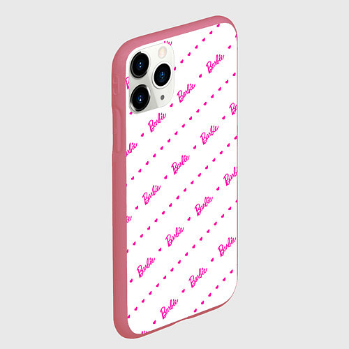 Чехол iPhone 11 Pro матовый Барби паттерн - логотип и сердечки / 3D-Малиновый – фото 2