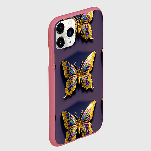 Чехол iPhone 11 Pro матовый Золотая бабочка паттерн / 3D-Малиновый – фото 2