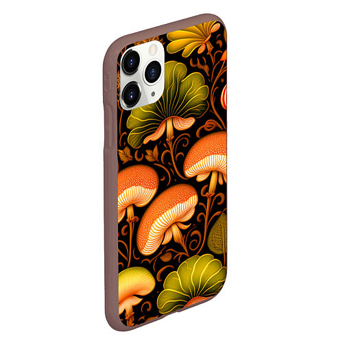 Чехол iPhone 11 Pro матовый Грибы с листвой узор / 3D-Коричневый – фото 2