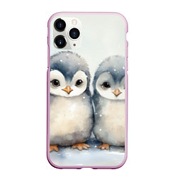 Чехол iPhone 11 Pro матовый Милые пингвины акварель