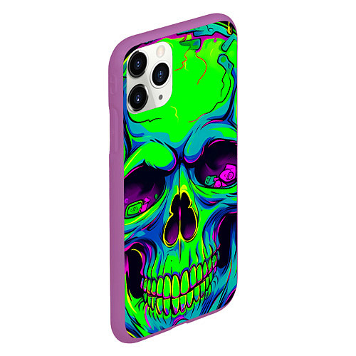 Чехол iPhone 11 Pro матовый Ярко кислотный череп в наушниках / 3D-Фиолетовый – фото 2