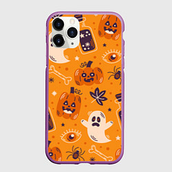 Чехол iPhone 11 Pro матовый Хэллоуин - тыквы и приведенья, цвет: 3D-фиолетовый