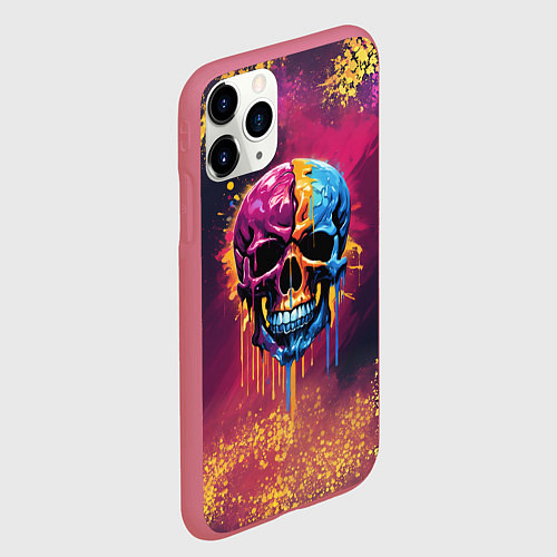 Чехол iPhone 11 Pro матовый Розовая и синяя краска капает с черепа / 3D-Малиновый – фото 2