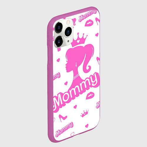 Чехол iPhone 11 Pro матовый Мамочка - силуэт барби: паттерн розовый на белом ф / 3D-Фиолетовый – фото 2