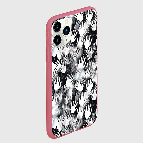 Чехол iPhone 11 Pro матовый Черно-белые отпечатки ладоней / 3D-Малиновый – фото 2
