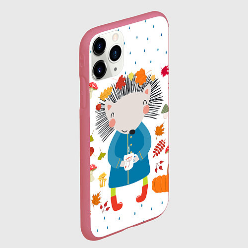 Чехол iPhone 11 Pro матовый Милый ежик в осенних листьях / 3D-Малиновый – фото 2
