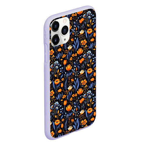 Чехол iPhone 11 Pro матовый Цветы на темном фоне узор / 3D-Светло-сиреневый – фото 2