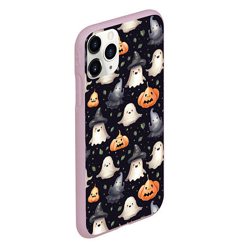 Чехол iPhone 11 Pro матовый Милые привидения и хэллуинские тыквы - паттерн / 3D-Розовый – фото 2