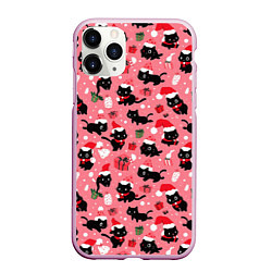 Чехол iPhone 11 Pro матовый Новогодние чёрные котики с подарками, цвет: 3D-розовый