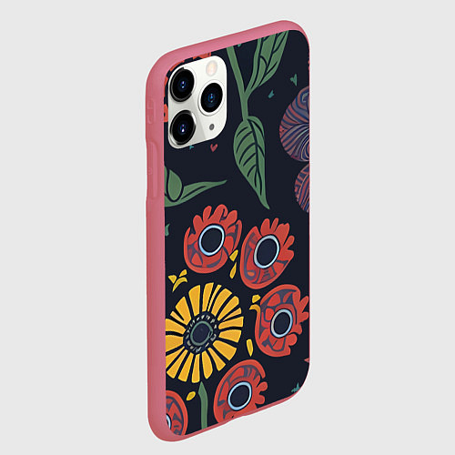 Чехол iPhone 11 Pro матовый Простые цветы на глубоком синем / 3D-Малиновый – фото 2