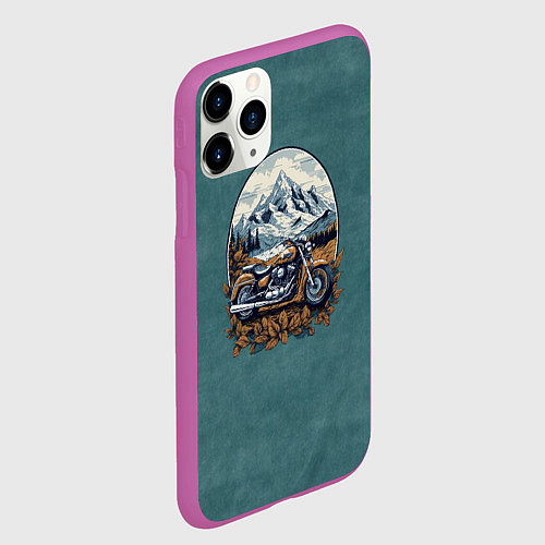 Чехол iPhone 11 Pro матовый Ретро мотоцикл на фоне гор / 3D-Фиолетовый – фото 2