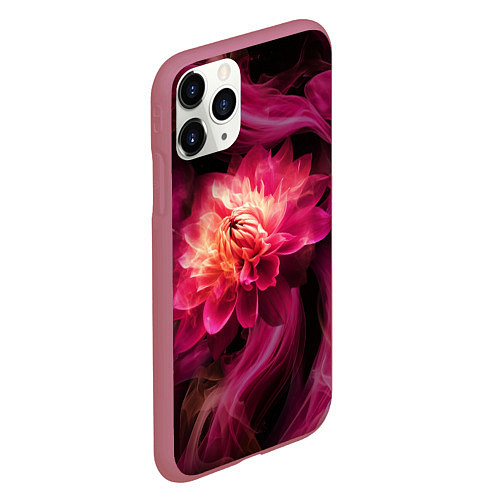 Чехол iPhone 11 Pro матовый Розовый цветок в огне - нейросеть / 3D-Малиновый – фото 2