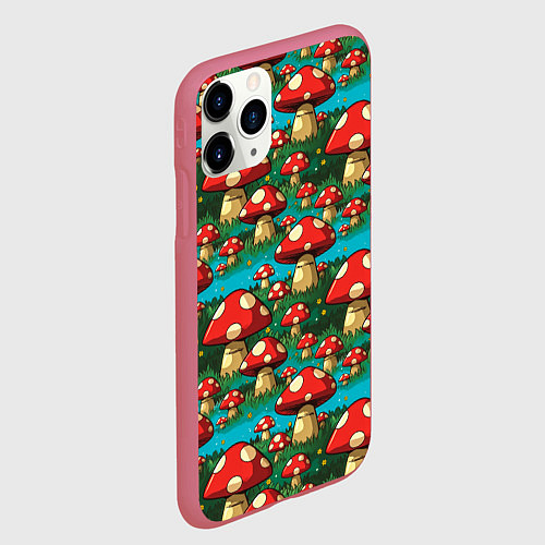 Чехол iPhone 11 Pro матовый Мультяшный мухомор паттерн / 3D-Малиновый – фото 2