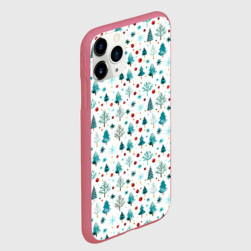 Чехол iPhone 11 Pro матовый Новогодние элементы елки снежинки шарики / 3D-Малиновый – фото 2