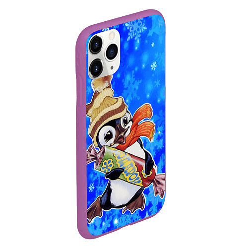 Чехол iPhone 11 Pro матовый Новогодний пингвин со снежинками / 3D-Фиолетовый – фото 2