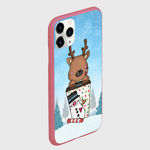Чехол iPhone 11 Pro матовый Олененок в кружке / 3D-Малиновый – фото 2