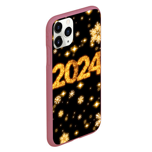 Чехол iPhone 11 Pro матовый Новый 2024 год - золотые снежинки / 3D-Малиновый – фото 2