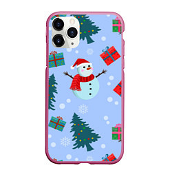 Чехол iPhone 11 Pro матовый Снеговики с новогодними подарками паттерн, цвет: 3D-малиновый