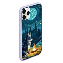 Чехол iPhone 11 Pro матовый Волк у костра в стиле фолк-арт, цвет: 3D-светло-сиреневый — фото 2