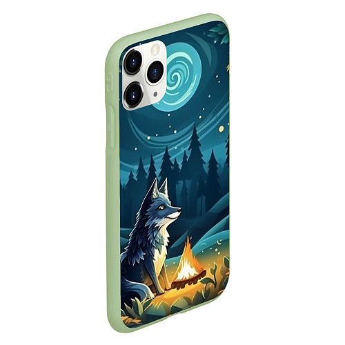 Чехол iPhone 11 Pro матовый Волк у костра в стиле фолк-арт / 3D-Салатовый – фото 2