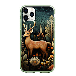 Чехол iPhone 11 Pro матовый Лесной олень в стиле фолк-арт, цвет: 3D-салатовый