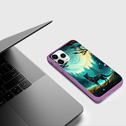 Чехол iPhone 11 Pro матовый Волк в ночном лесу фолк-арт, цвет: 3D-фиолетовый — фото 2