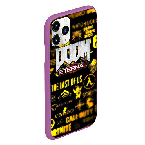 Чехол iPhone 11 Pro матовый Doom золотые логотипы игр / 3D-Фиолетовый – фото 2