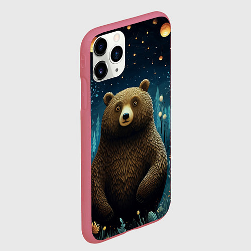 Чехол iPhone 11 Pro матовый Мишка в ночном лесу в стиле фолк-арт / 3D-Малиновый – фото 2