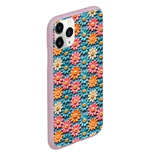 Чехол iPhone 11 Pro матовый Вязаные цветочки паттерн / 3D-Розовый – фото 2