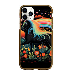 Чехол iPhone 11 Pro матовый Лошадка с радужной гривой в стиле фолк-арт
