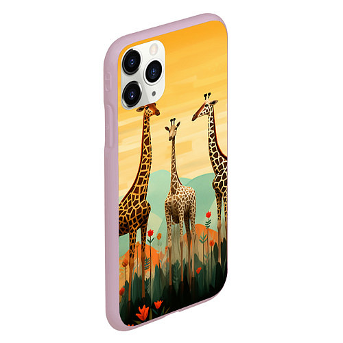 Чехол iPhone 11 Pro матовый Три жирафа в стиле фолк-арт / 3D-Розовый – фото 2