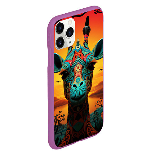Чехол iPhone 11 Pro матовый Жираф в стиле фолк-арт / 3D-Фиолетовый – фото 2