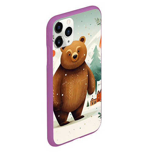 Чехол iPhone 11 Pro матовый Рождественский мишка фолк-арт / 3D-Фиолетовый – фото 2