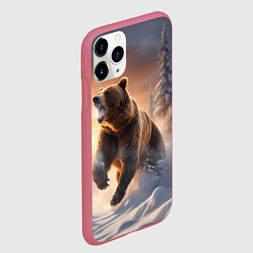 Чехол iPhone 11 Pro матовый Бурый медведь в лесу / 3D-Малиновый – фото 2