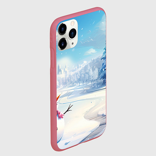 Чехол iPhone 11 Pro матовый Новогодний пейзаж снеговик / 3D-Малиновый – фото 2