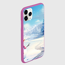 Чехол iPhone 11 Pro матовый Новогодний пейзаж снеговик, цвет: 3D-фиолетовый — фото 2