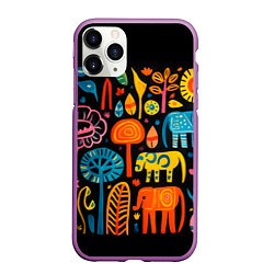 Чехол iPhone 11 Pro матовый Африканский узор со слонами - нейросеть, цвет: 3D-фиолетовый