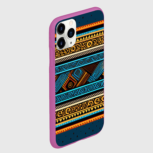 Чехол iPhone 11 Pro матовый Этнический рисунок в горизонтальную полоску / 3D-Фиолетовый – фото 2