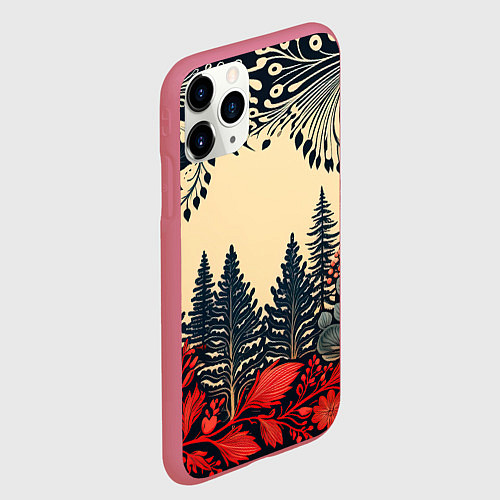Чехол iPhone 11 Pro матовый Новогодний лес / 3D-Малиновый – фото 2