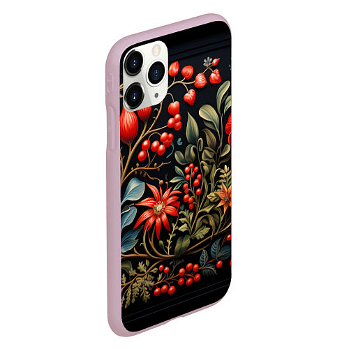 Чехол iPhone 11 Pro матовый Новогодние ягоды и цветы / 3D-Розовый – фото 2