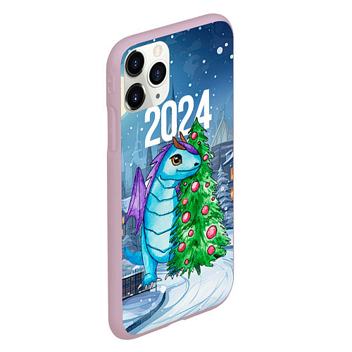 Чехол iPhone 11 Pro матовый Дракон у новогодней елки 2024 / 3D-Розовый – фото 2