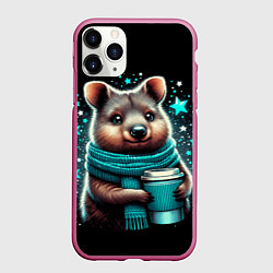 Чехол iPhone 11 Pro матовый Улыбчивый квокка с стаканчиком кофе, цвет: 3D-малиновый