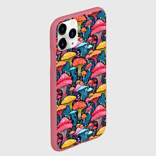 Чехол iPhone 11 Pro матовый Разноцветные грибы причудливый паттерн / 3D-Малиновый – фото 2