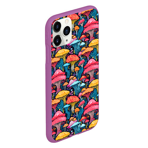 Чехол iPhone 11 Pro матовый Разноцветные грибы причудливый паттерн / 3D-Фиолетовый – фото 2