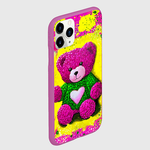 Чехол iPhone 11 Pro матовый Розовый мишка в вязаном свитере / 3D-Фиолетовый – фото 2