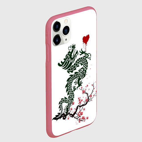 Чехол iPhone 11 Pro матовый Дракон на сакуре / 3D-Малиновый – фото 2