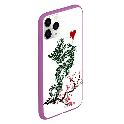 Чехол iPhone 11 Pro матовый Дракон на сакуре / 3D-Фиолетовый – фото 2